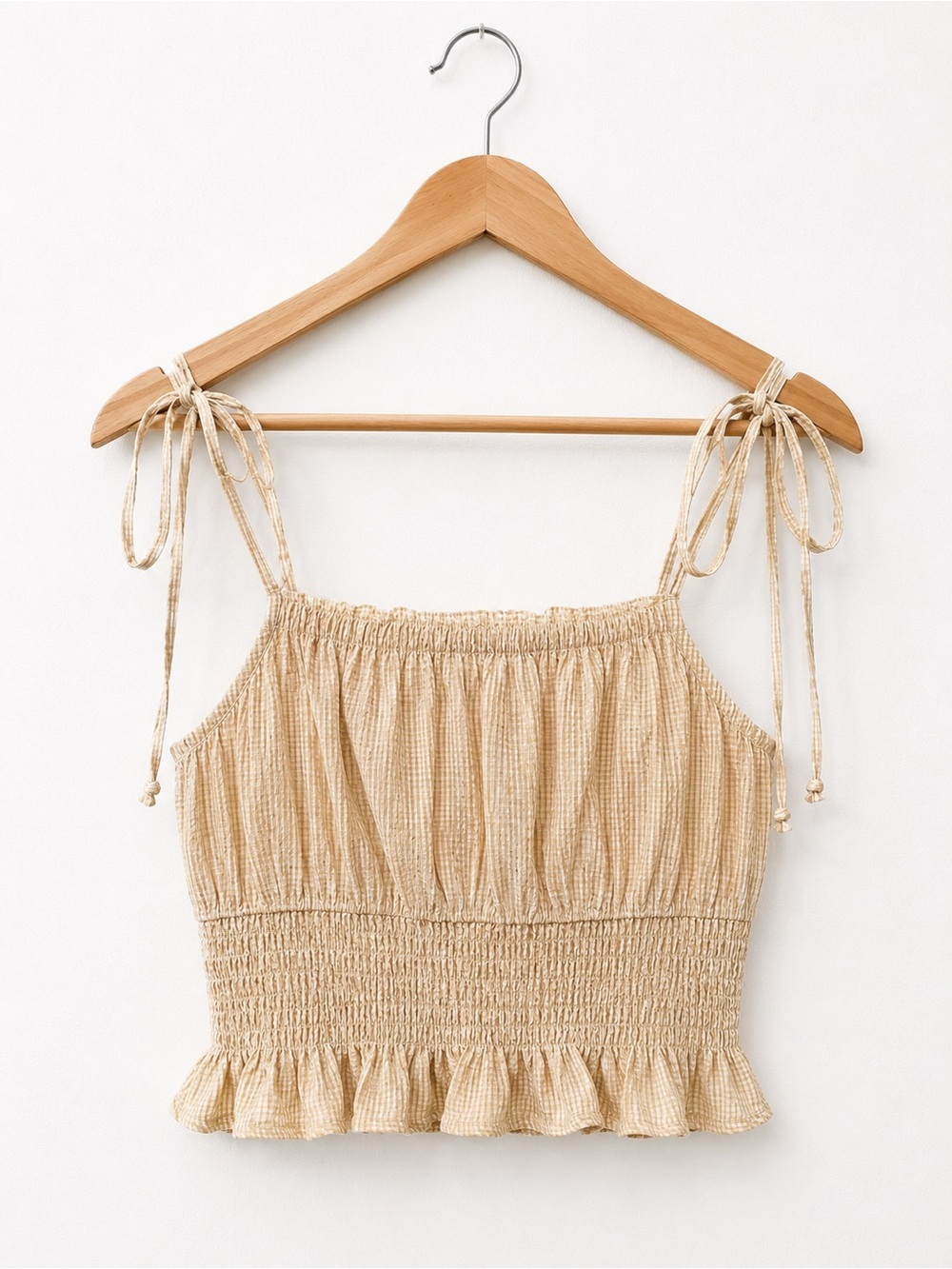 Kendall & Kylie Smocked Gingham Tie Strap Crop Top Beige XS